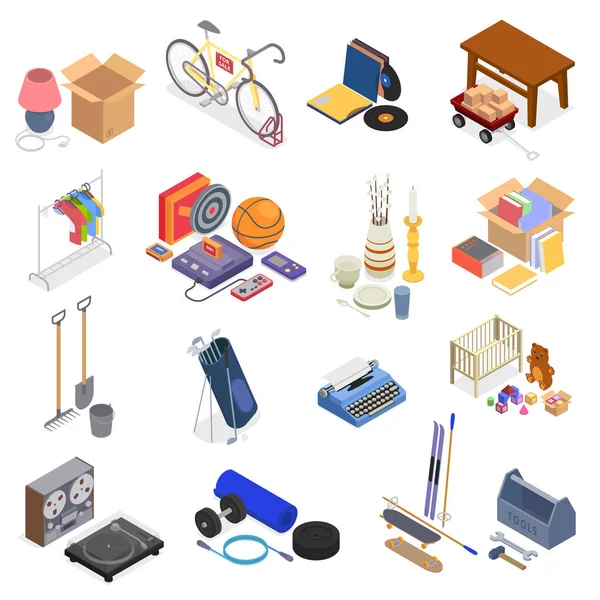 Icônes Isolées Vente Garage Avec Des Symboles Marché Aux Puces — Image vectorielle