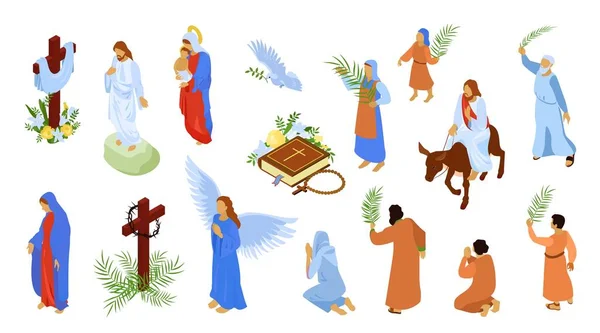 Wielkanoc Jezus Chrystus Dziewica Maryja Izometryczny Zestaw Znaków Biblijnych Izolowane — Wektor stockowy