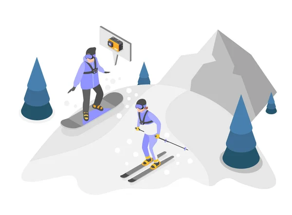 Menschen Beim Skifahren Und Snowboarden Bergab Schießen Sich Auf Action — Stockvektor