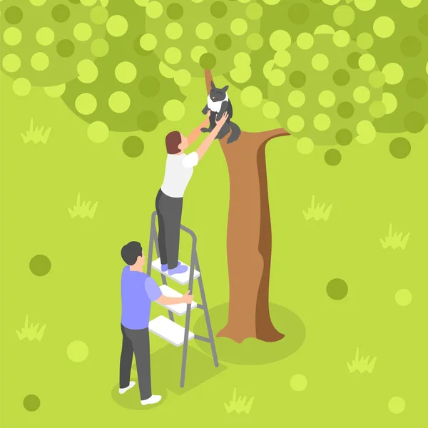 用折叠梯子营救被困在树中的猫的人等距背景矢量图 — 图库矢量图片