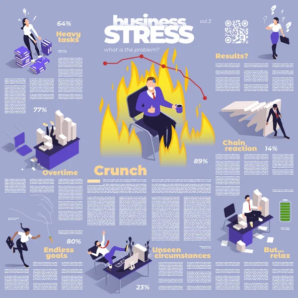 Office Människor Isometrisk Infographics Set Med Affärsmän Som Arbetar Stress — Stock vektor
