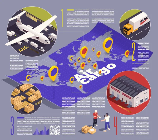 Infografica Isometrica Del Carico Aereo Con Simboli Logistici Aeronautici Illustrazione — Vettoriale Stock