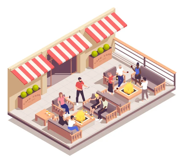 Street Cafe Izometrikus Koncepció Étterem Terasz Vektor Illusztráció — Stock Vector