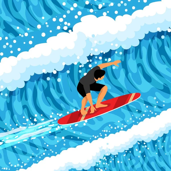Büyük Dalgalar Üzerinde Sörf Yapan Erkek Atlet Karakterli Izometrik Vektör — Stok Vektör