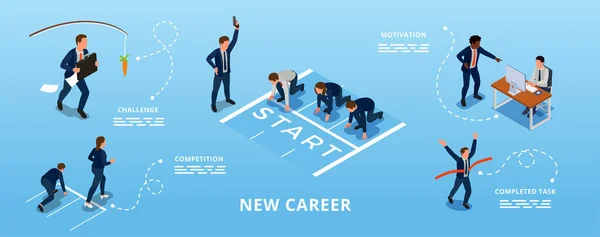 Running Business People Completing Challenges Starting New Career Isometric Infographic — Stock Vector
