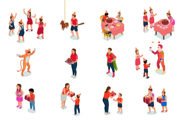 Ensemble Isométrique Enfants Amusant Fête Anniversaire Illustration Vectorielle Isolée — Image vectorielle