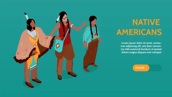 Isometric American Indians Horizontal Banner Faceless Human Characters Traditional Costumes — Stock Vector