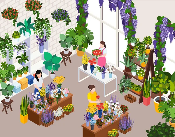 花屋の都市イベント花の装飾は働く女性のベクターのイラストが付いている花の店の屋内眺めの幾何学的な構成 — ストックベクタ