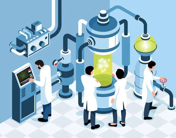 Isometrischer Hintergrund Der Biotechnologie Mit Wissenschaftlern Die Untersuchungen Und Experimente — Stockvektor