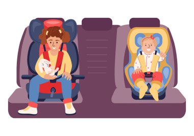 Çocuk oto koltuğu düz kompozisyonu. Bebek ve genç çocukların arka koltukları izole edilmiş. Karakter çizimleri.