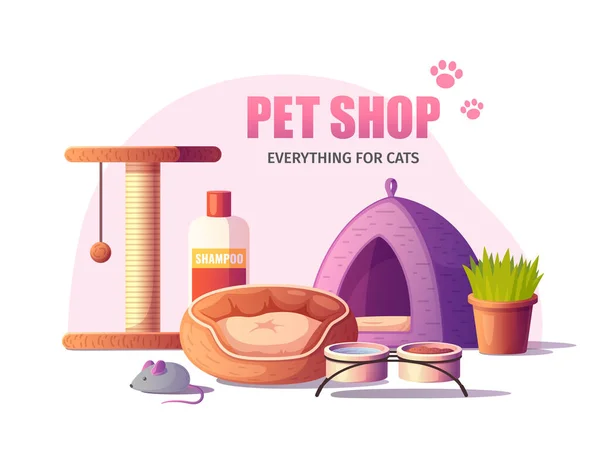 Pet Shop Poster Cartoon Style Various Cat Care Accessories Vector — Stock Vector
