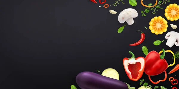 空の空間と野菜のスライスとカットベクターのイラストを含む暗い背景の野菜の現実的な構成 — ストックベクタ