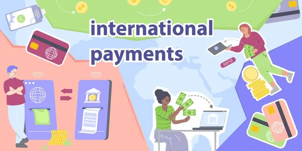 Paiements Internationaux Collage Plat Avec Des Personnes Effectuant Des Transactions — Image vectorielle