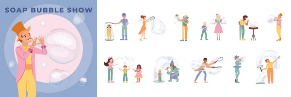 Sabun Baloncukları Performans Sanatçıları Çocuk Karakterleri Çizimlerinin Düz Simgeleriyle Izole — Stok Vektör