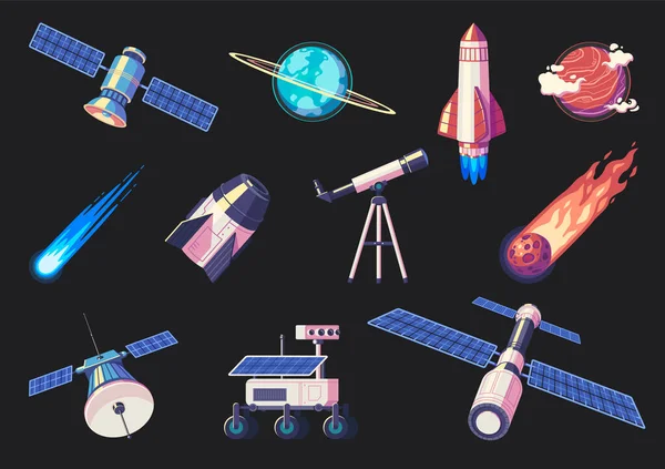Conjunto Dibujos Animados Exploración Espacial Naves Espaciales Aisladas Telescopio Cuerpos — Vector de stock