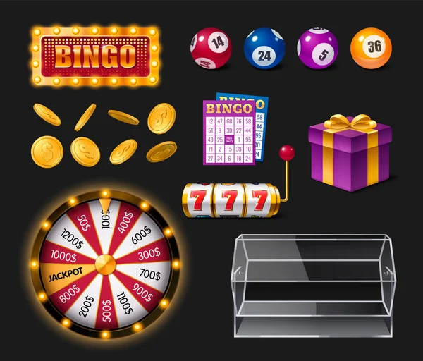 Bingo Loterie Realistický Set Lístky Mince Koule Plastové Bubny Ruleta — Stockový vektor
