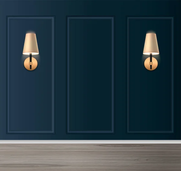 Intérieur Classique Réaliste Avec Des Panneaux Bleu Foncé Des Lampes — Image vectorielle