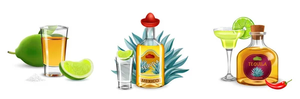 Tequila Trzy Realistyczne Kompozycje Składające Się Butelek Kieliszków Wina Ozdobione — Wektor stockowy