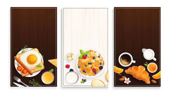 Breakfast Promo Flyers Cards Set Three Vertical Backgrounds Realistic Top — Stock Vector