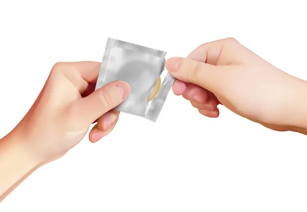 Realistické Složení Kondomu Izolovaným Pohledem Realistické Lidské Ruce Otvírající Kondom — Stockový vektor