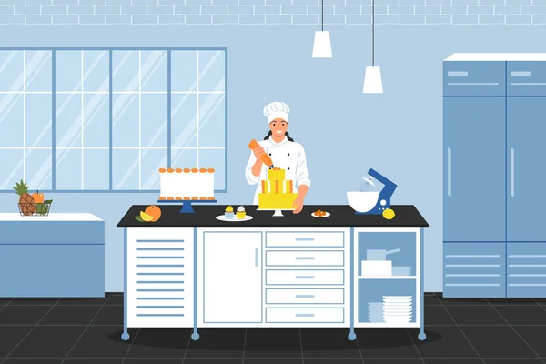 用餐厅厨房风景矢量图解烹调具有涂鸦风格的女厨师烹调蛋糕的构图 — 图库矢量图片
