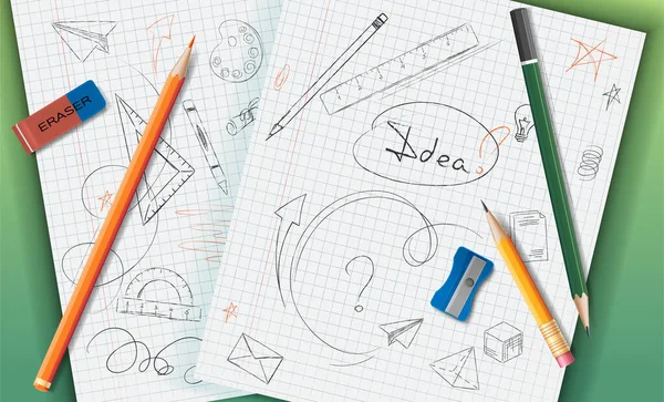 学校涂鸦草图在笔记本单张现实的背景下与分散的铅笔 橡皮和锐利的矢量插图 — 图库矢量图片
