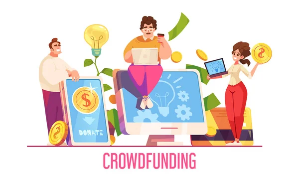 Crowdfunding Platt Koncept Med Mobila Prylar Och Online Pengar Donationssymboler — Stock vektor