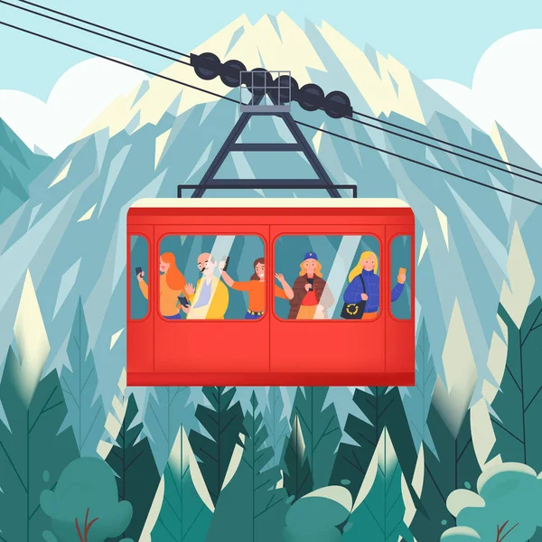 景観ケーブルウェイコンセプト ケーブルカーベクターイラストで山を登る観光客と赤いキャビン — ストックベクタ
