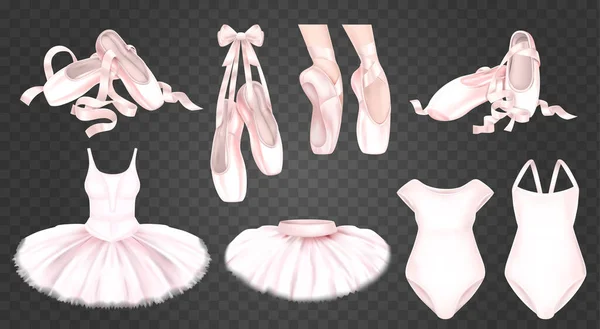 Roze Ballet Schoenen Tutu Rokken Lichamen Realistische Set Geïsoleerd Transparante — Stockvector