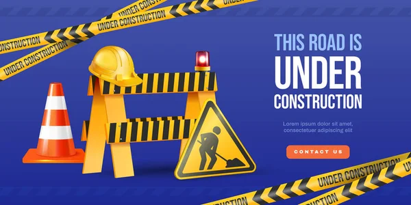Road Construction Horizontal Poster Realistic Style Warning Signs Barriers Blue — Stock Vector