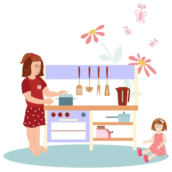 Μωρό Έννοια Δωμάτιο Κούκλα Και Σύμβολα Της Κουζίνας Επίπεδη Διανυσματική — Διανυσματικό Αρχείο