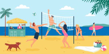 İnsanlar tatillerini kumsalda voleybol oynayarak ve düz vektör çizimleriyle geçiriyorlar.
