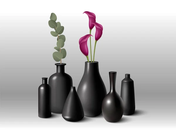 グレーグラデーションバックグラウンドベクターイラストのインテリアデザインのための異なる形の現実的な黒の陶磁器の花瓶 — ストックベクタ