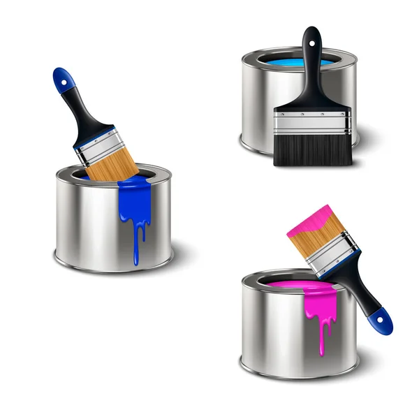 Realistic Set Painting Tools Metal Cans Paintbrushes Color Drops Paint — Stock Vector