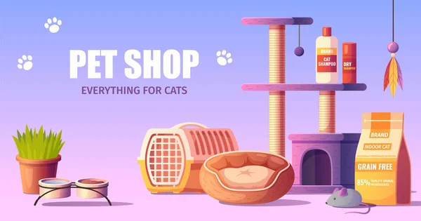 Pet Shop Cartoni Animati Poster Orizzontale Con Giocattoli Shampoo Alimentare — Vettoriale Stock