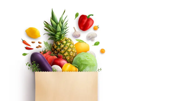 Saco Papel Vegetais Composição Realista Com Vista Frontal Frutas Legumes — Vetor de Stock