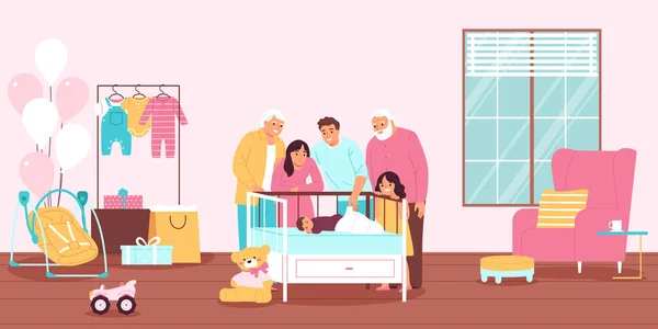 Lycklig Familj Tittar Nyfödda Barn Sover Barnsäng Platt Vektor Illustration — Stock vektor