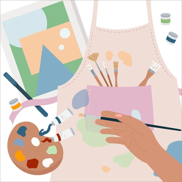 Artist Hand Holding Paintbrush Background Tubes Paint Palette Apron Flat — Stock Vector