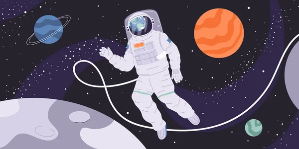 Astronauta Vestindo Traje Espacial Olhando Para Terra Espaço Exterior Segundo —  Vetores de Stock