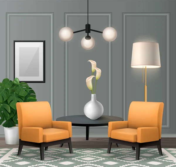 Realistyczny Klasyczny Salon Wnętrze Lampą Wiszące Panele Ścienne Pomarańczowe Fotele — Wektor stockowy