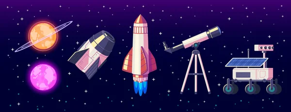 Composición Dibujos Animados Exploración Espacial Con Planetas Equipos Para Explorar — Vector de stock