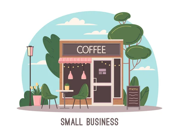 带有咖啡店立面矢量图解的小企业扁平概念 — 图库矢量图片