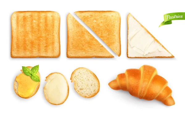 Frühstücksgebäck Set Mit Isolierten Bildern Von Croissant Toastbrotscheiben Mit Butterbelag — Stockvektor