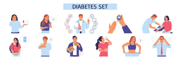 Prevención Síntomas Diabetes Set Plano Con Pacientes Masculinos Femeninos Ilustración — Vector de stock