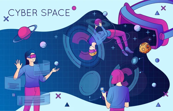 Cartel Plano Del Ciberespacio Con Personas Que Experimentan Exploración Espacial — Archivo Imágenes Vectoriales