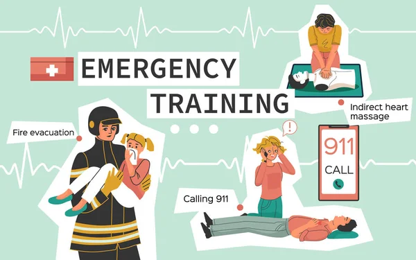 Colagem Treinamento Emergência Com Símbolos Massagem Cardíaca Ilustração Vetorial Plana — Vetor de Stock
