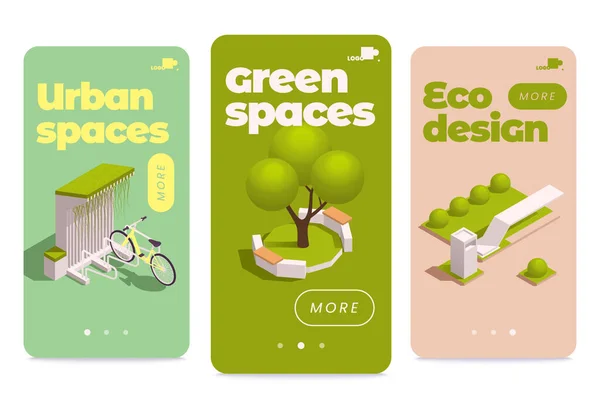 三个垂直城市绿地生态设计等距横幅集标题和更多按钮矢量插图 — 图库矢量图片