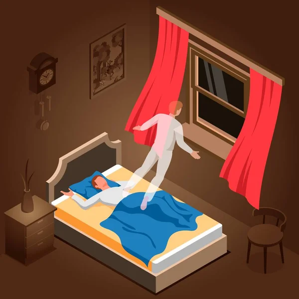 Man His Bedroom Experiencing Nightmare Isometric Vector Illustration — Stock Vector