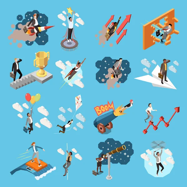 Career Boost Isometric Icon Set Different Abstract Situations Descriptions Rockets — Stock Vector