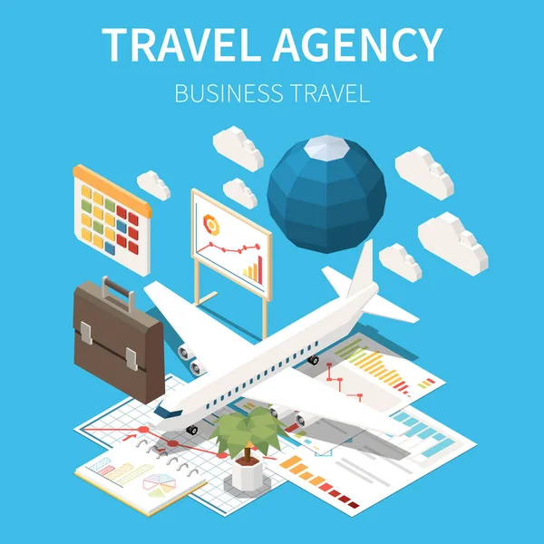Touristisches Reisebüro Isometrisches Farbiges Konzept Mit Geschäftsreisebeschreibung Karte Weißes Flugzeug — Stockvektor